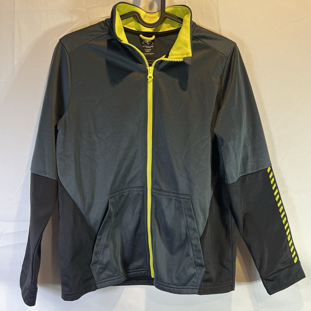 Athletic Works Boys Size L 10/12 Full Zip Track Jacket Gray Black Yellow Husky